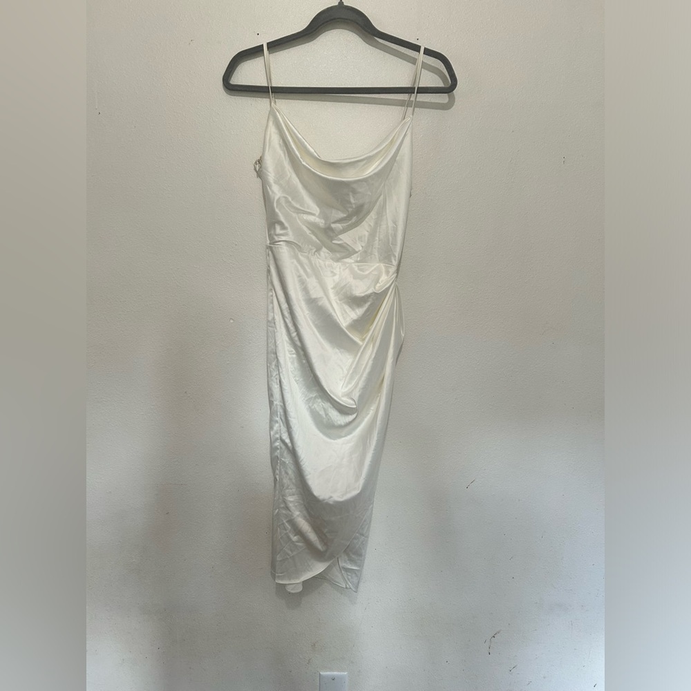 White Satiny Cowl Neck Midi Dress